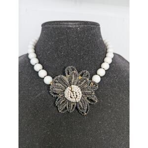 Miriam Haskell White & Black Bead Large Statement Acrylic Flower Necklace 17"